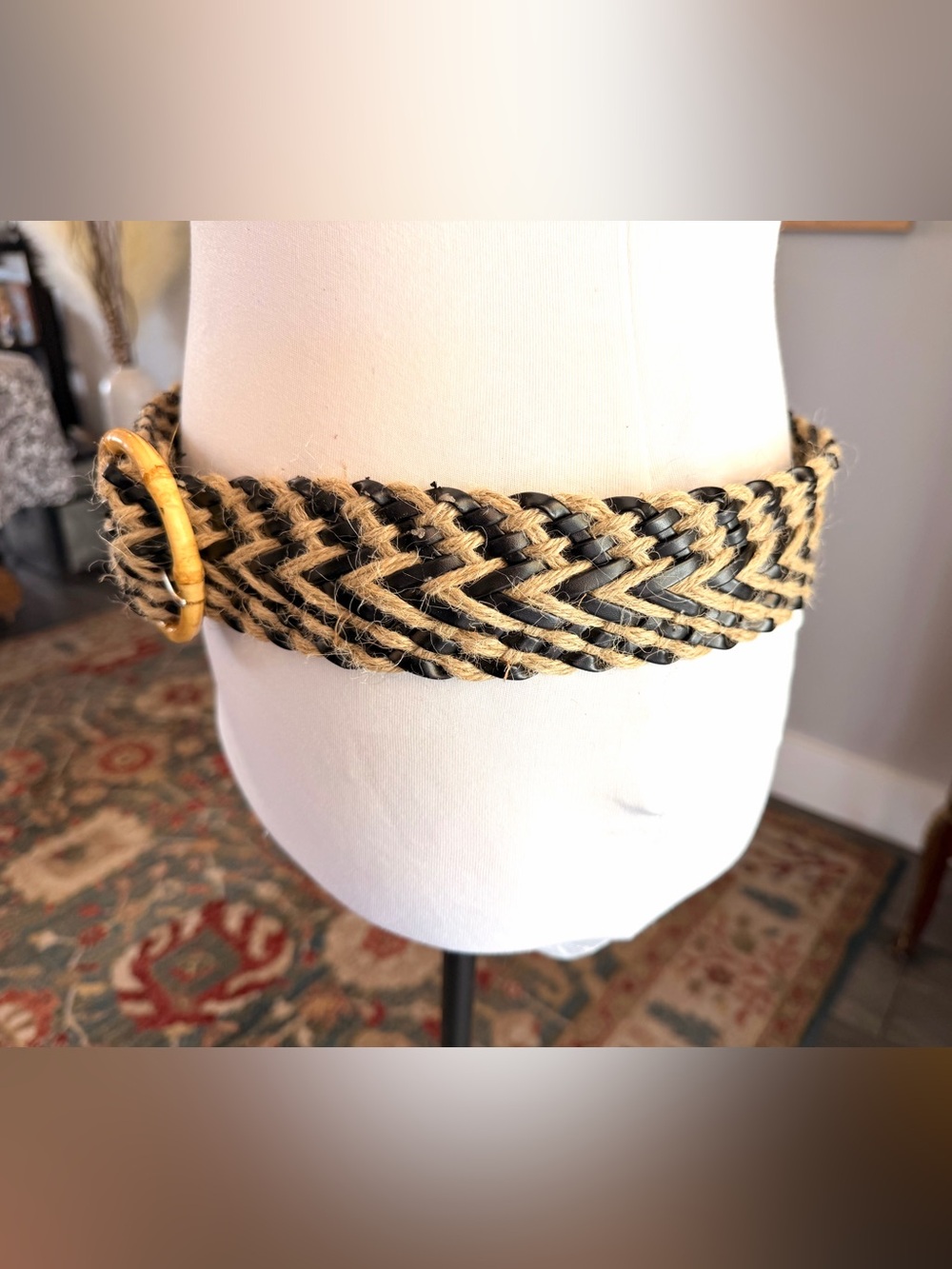 Braided Straw Waist Belt with Round Bamboo Buckle - Black & Natural - Picture 6 of 7